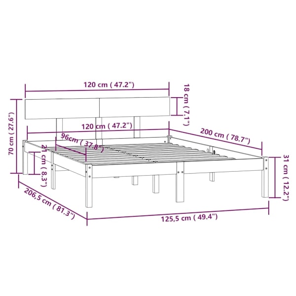 vidaXL Sängram svart massiv furu 120x200 cm Svart