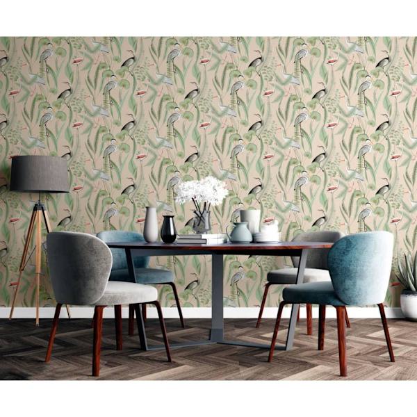 DUTCH WALLCOVERINGS Tapet Flamingo gräddvit och mintgrön multifärg