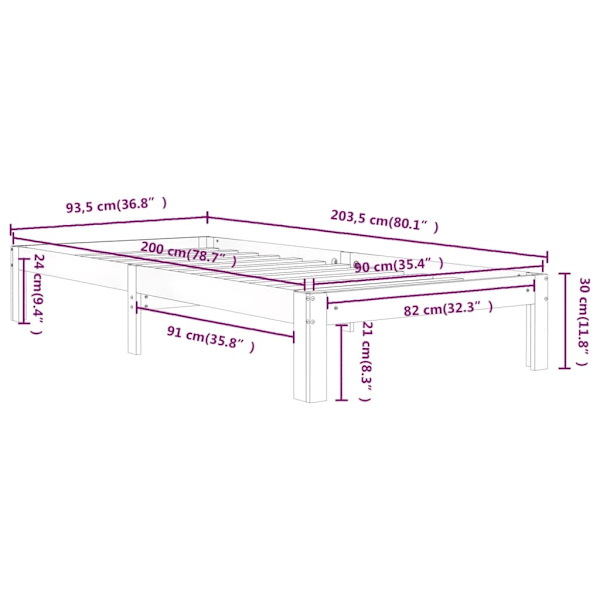 vidaXL Sängram vit massiv furu 90x200 cm Vit