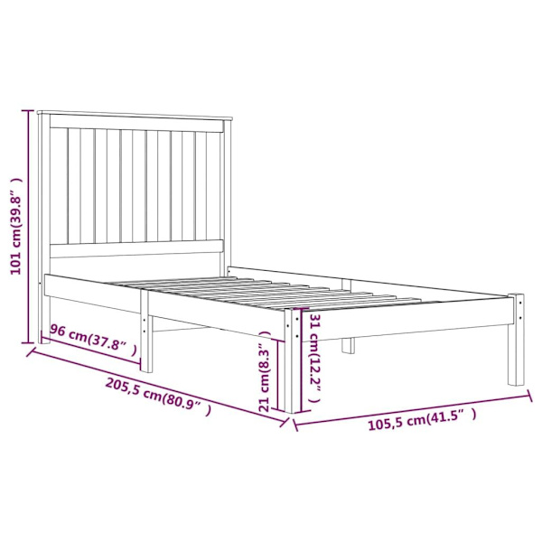 vidaXL Sängram vit massiv furu 100x200 cm enkelsäng Vit