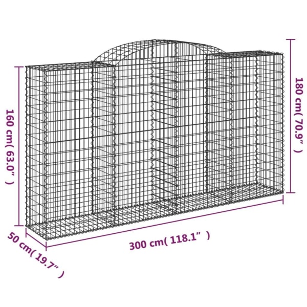 vidaXL Gabion bågformad 300x50x160/180 cm galvaniserat järn Silver