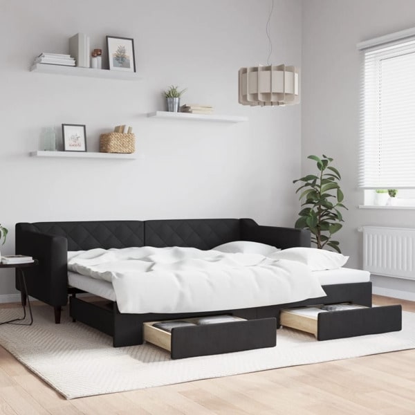vidaXL Dagbädd utdragbar med lådor svart 90x200 cm tyg Svart