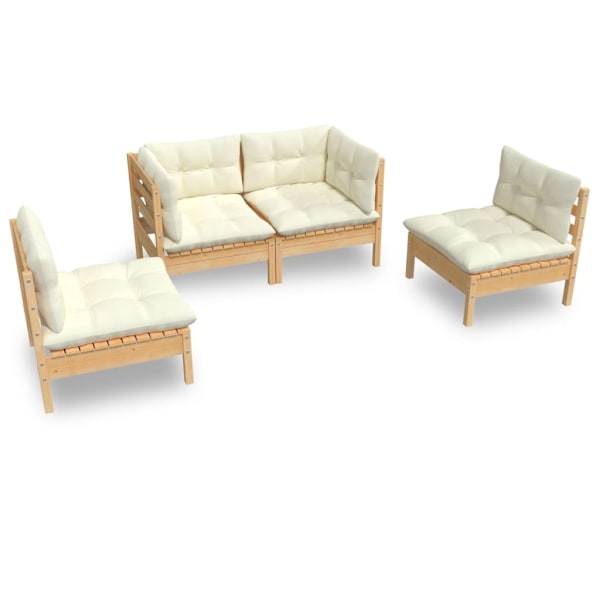 vidaXL Loungegrupp med gräddvita dynor 4 delar massiv furu Creme