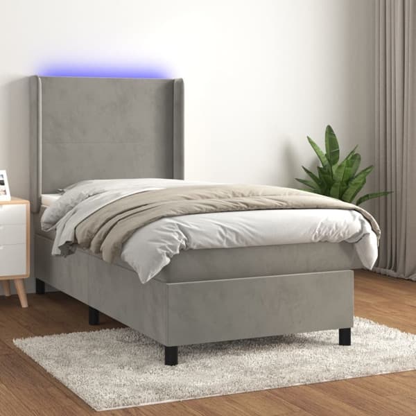 vidaXL Ramsäng med madrass & LED ljusgrå 90x200 cm sammet Grå