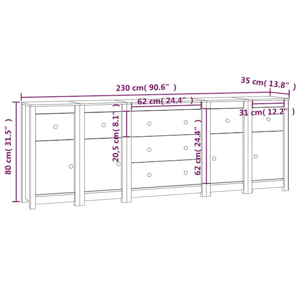 vidaXL Skänk vit 230x35x80 cm massiv furu Vit