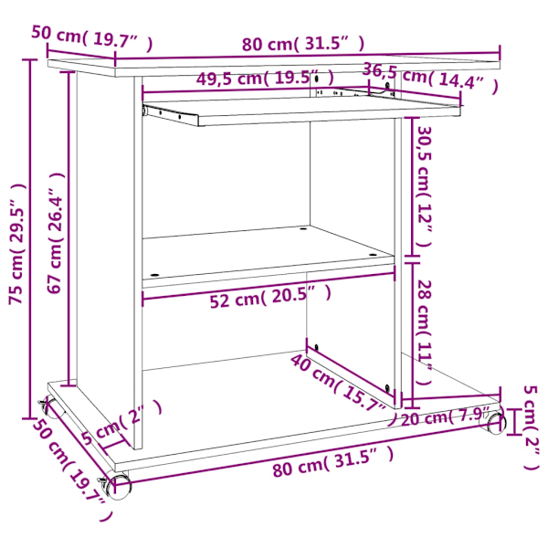 vidaXL Datorbord sonoma-ek 80x50x75 cm konstruerat trä Brun