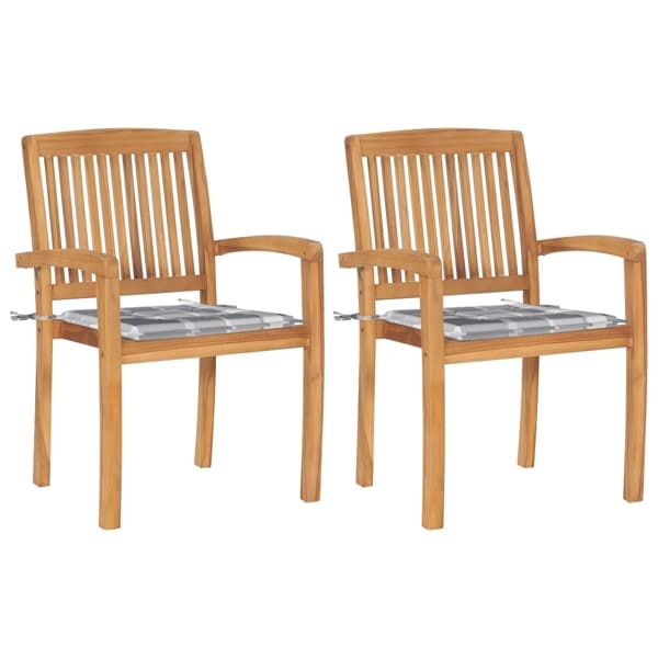 vidaXL Trädgårdsstolar 2 st med grårutiga dynor massiv teak multifärg
