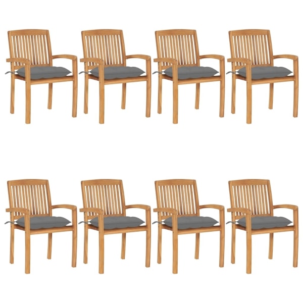 vidaXL Stapelbara trädgårdsstolar med dynor 8 st massiv teak grå