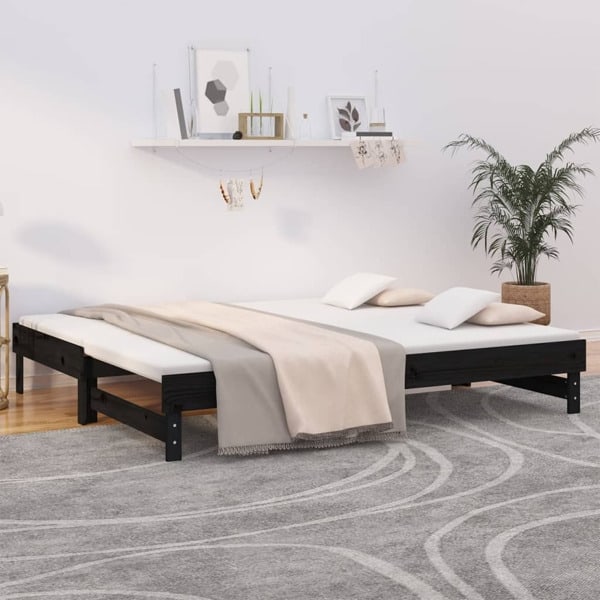 vidaXL Utdragbar dagbädd svart 2x(90x200) cm massiv furu Svart