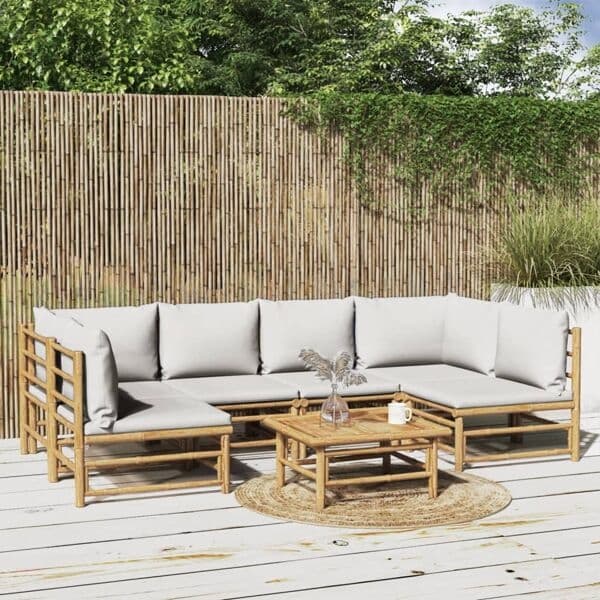 vidaXL Loungegrupp 7 delar ljusgråa dynor bambu Brun