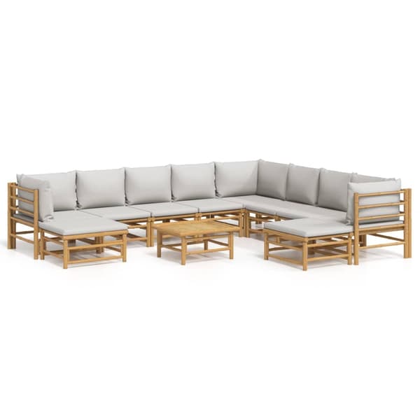 vidaXL Loungegrupp 11 delar ljusgråa dynor bambu Brun