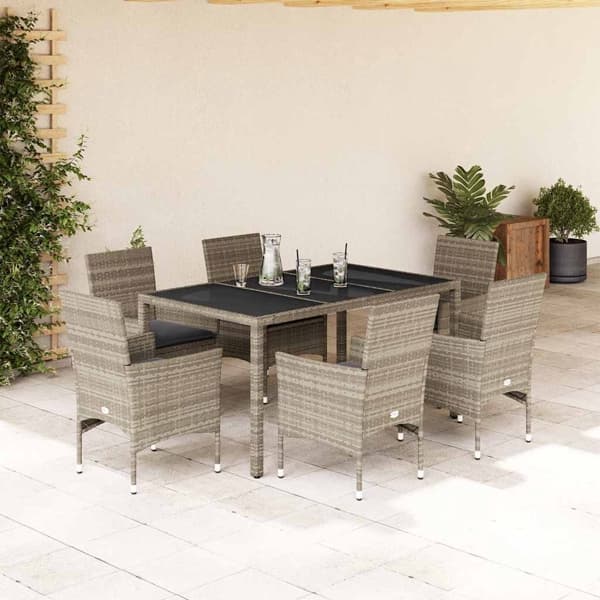 vidaXL Matgrupp för trädgården med dynor 7 delar grå konstrotting&glas Grå
