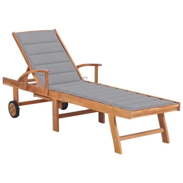 vidaXL Solsäng med grå dyna massiv teak grå