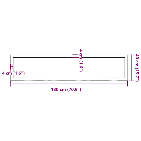 vidaXL Bänkskiva för badrum 180x40x(2-6) cm obehandlat massivt t Brun