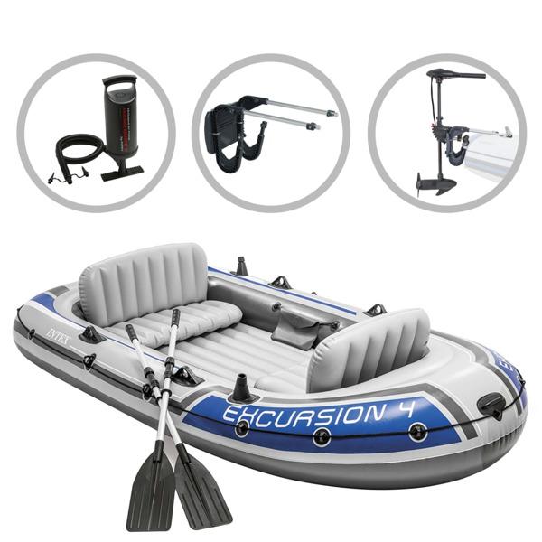 INTEX Uppblåsbar båt Excursion 4 med båtmotor och fäste multifärg