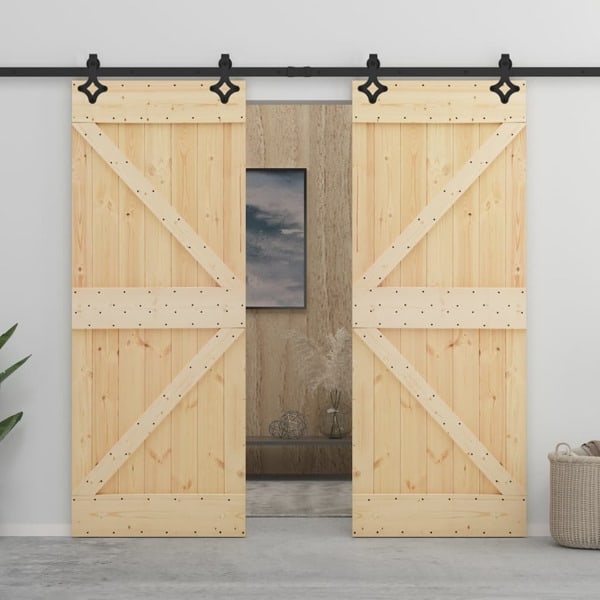 vidaXL Skjutdörr med beslag 100x210 cm massiv furu Brun