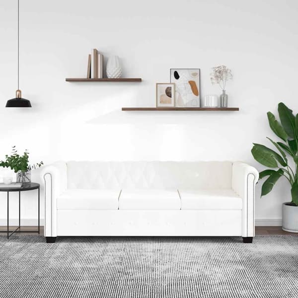 vidaXL Soffa Chesterfield i vit konstläder 3-sitsig Vit