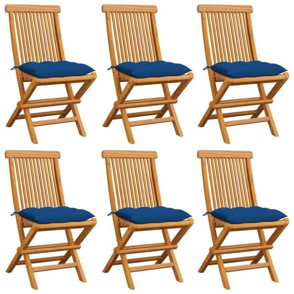 vidaXL Trädgårdsstolar med blåa dynor 6 st massiv teak Blå