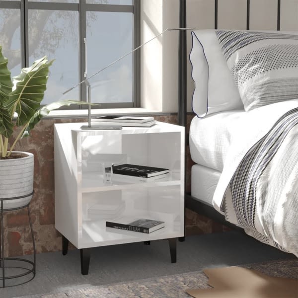vidaXL Sängbord med metallben 2 st vit högglans 40x30x50 cm Vit