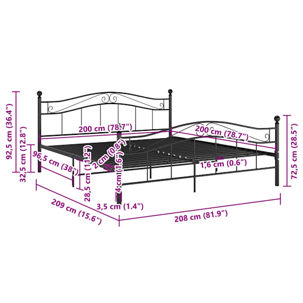 vidaXL Sängram utan madrass svart metall 200x200 cm Svart