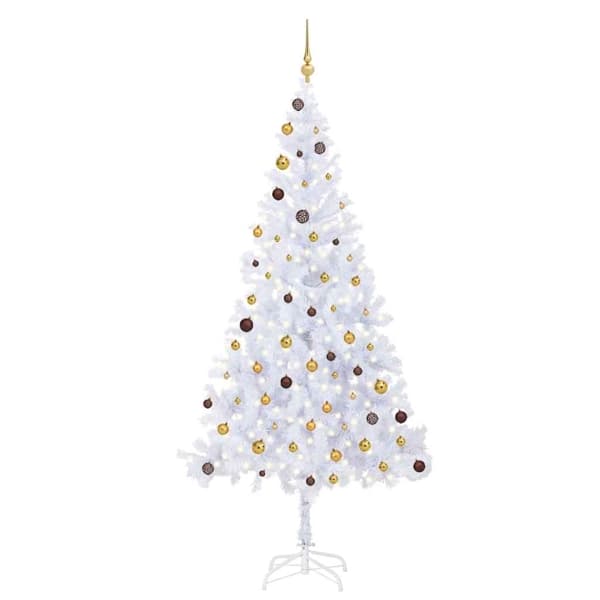 vidaXL Belyst plastgran med kulor 210 cm 910 grenar Vit