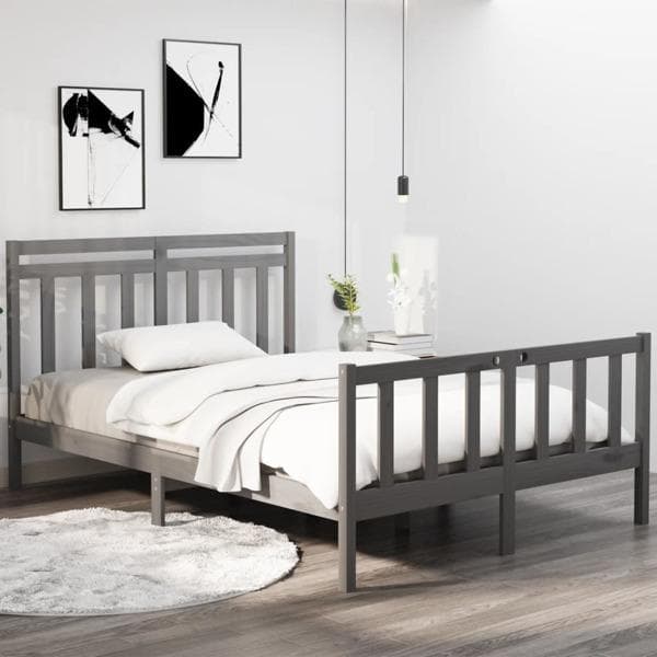 vidaXL Sängram grå massivt trä 135x190 cm Grå