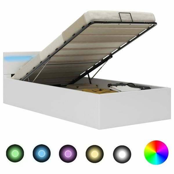 vidaXL Sängram hydraulisk förvaring LED vit konstläder 90x200 cm Vit
