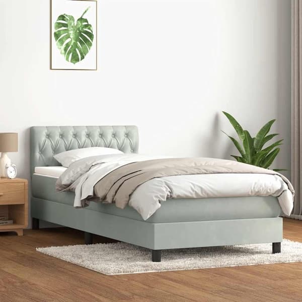 vidaXL Resårsäng med madrass ljusgrå 90x220 cm sammet Grå