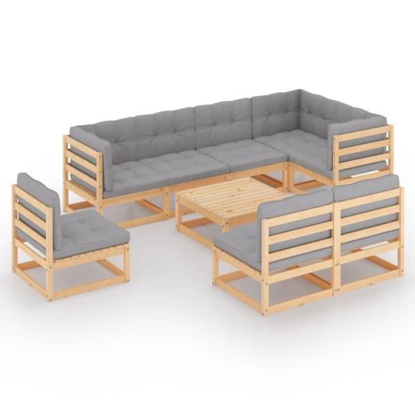 vidaXL Loungegrupp för trädgården med dynor 9 delar massiv furu grå