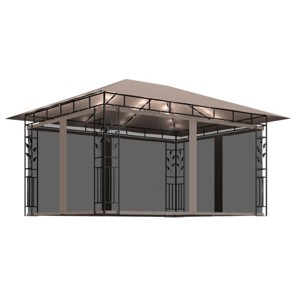 vidaXL Paviljong myggnät och ljusslinga LED 4x3x2,73 m taupe 180 g/m² Taupe