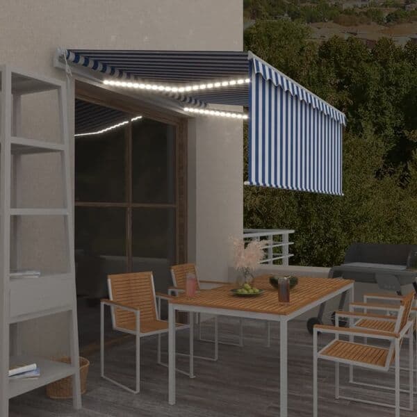 vidaXL Automatisk markis m. vindsensor rullgardin LED 3,5x2,5m blå/vit Blå