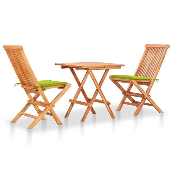 vidaXL Caféset 3 delar med ljusgröna dynor massiv teak Grön