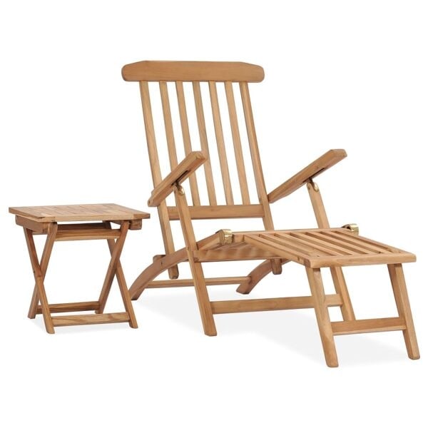 vidaXL Däckstol med fotstöd och bord massiv teak Brun