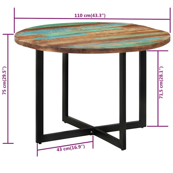 vidaXL Matbord 110x75 cm massivt återvunnet trä Flerfärgsdesign
