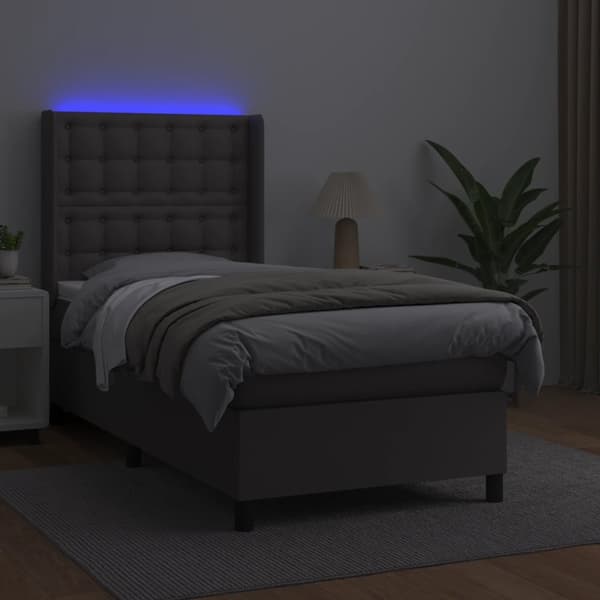 vidaXL Ramsäng med madrass & LED grå 90x200 cm konstläder Grå