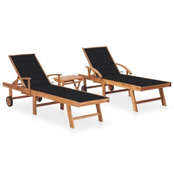 vidaXL Solsäng 2 st med bord och dyna massiv teak Svart