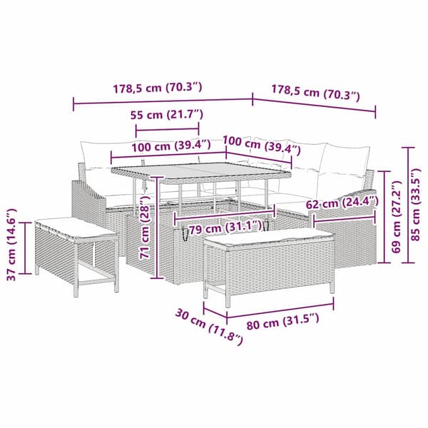 vidaXL Trädgårdsoffset med kudde med lagring 8 pcs Grå Poly rattan Grå