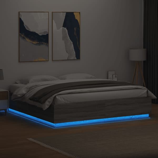 vidaXL Sängram med LEDs grå sonoma 200x200 cm konstruerad trä Grå