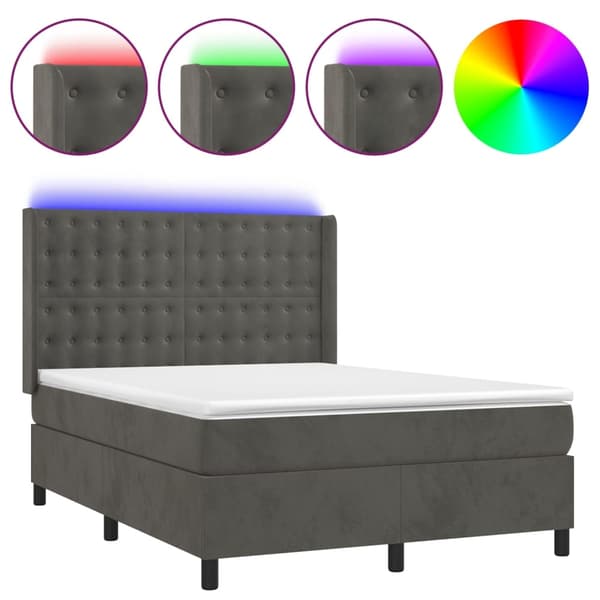 vidaXL Ramsäng med madrass & LED mörkgrå 140x200 cm sammet Grå
