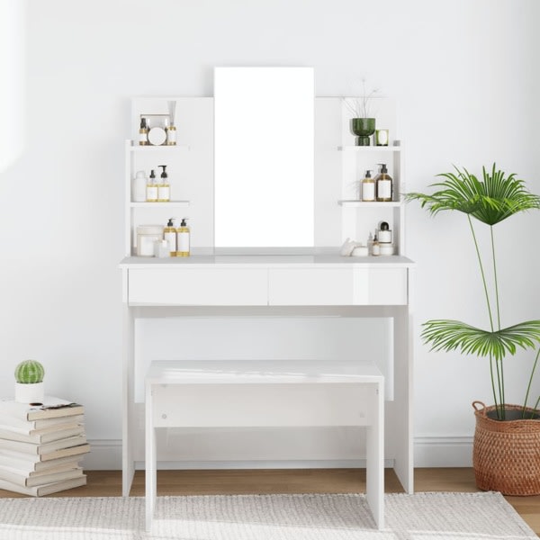 vidaXL Sminkbord med spegel vit högglans 96x40x142 cm Vit
