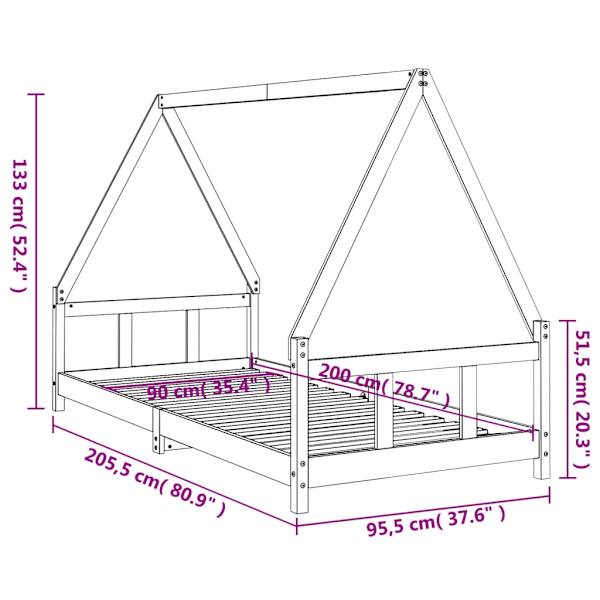 vidaXL Sängram för barnsäng 90x200 cm massiv furu Brun