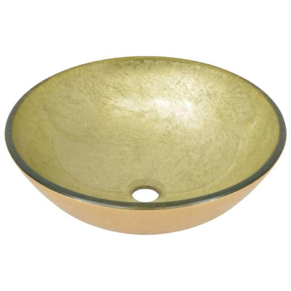 vidaXL Handfat med kran och bottenventil guld härdat glas Guld