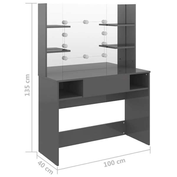 vidaXL Sminkbord med LED-belysning 100x40x135 cm MDF grå grå