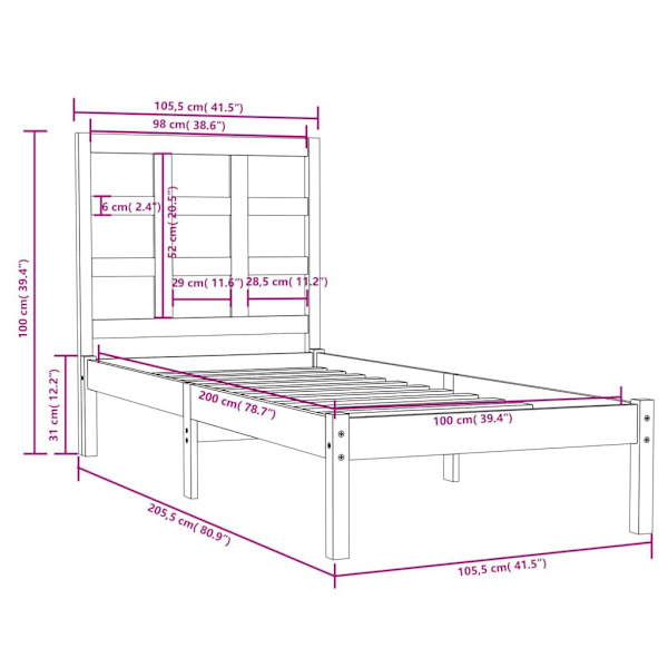 vidaXL Sängram vit massivt trä 100x200 cm Vit