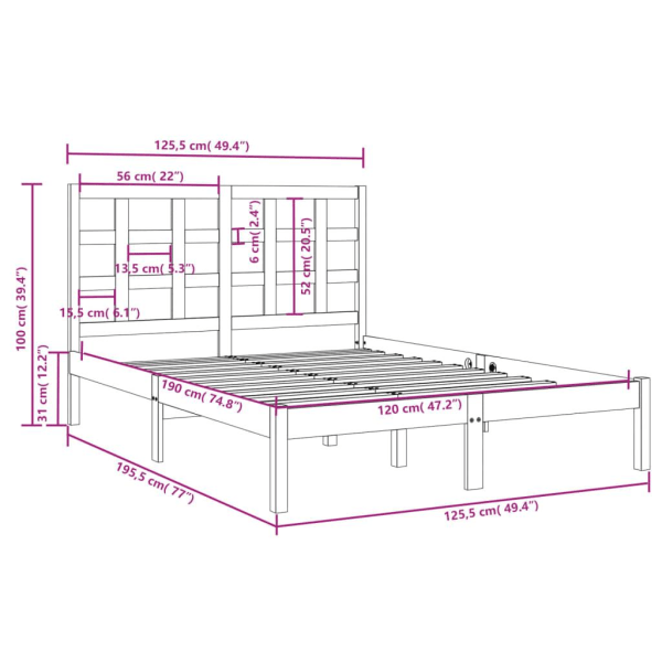 vidaXL Sängram vit massivt trä 120x190 cm Vit