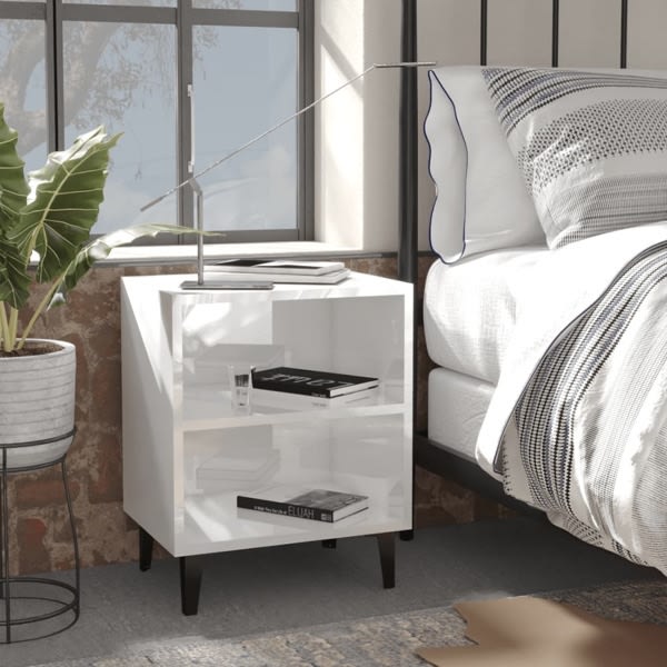 vidaXL Sängbord med metallben vit högglans 40x30x50 cm Vit