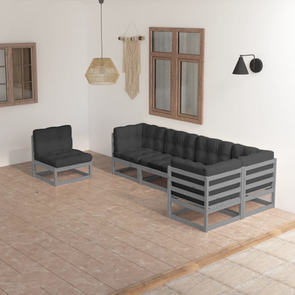 vidaXL Loungegrupp med dynor 6 delar massiv furu grå