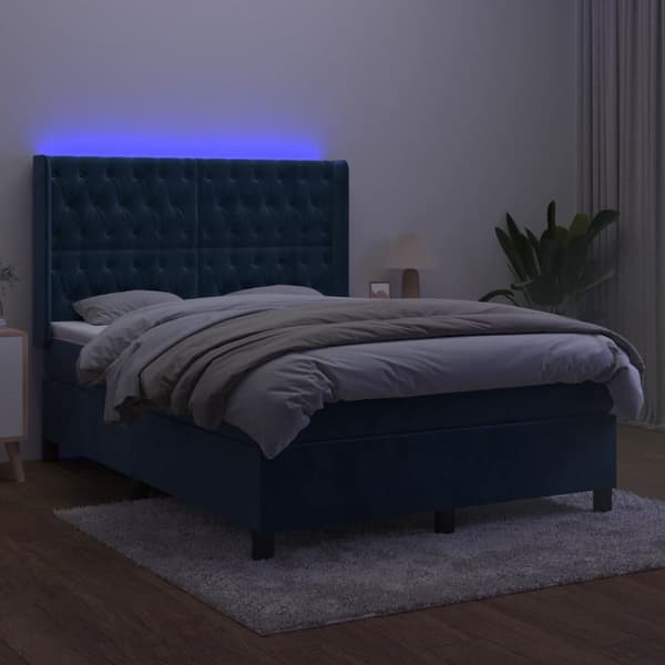 vidaXL Ramsäng med madrass & LED mörkblå 140x190 cm sammet Blå