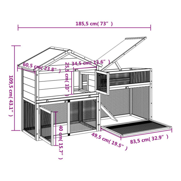 vidaXL Kaninbur mocka 185,5x60,5x109,5 cm massiv furu Brun