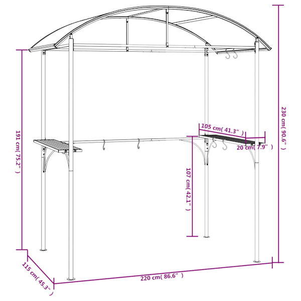 vidaXL Tak för grill med sidohyllor antracit 220x115x230 cm stål Antracit
